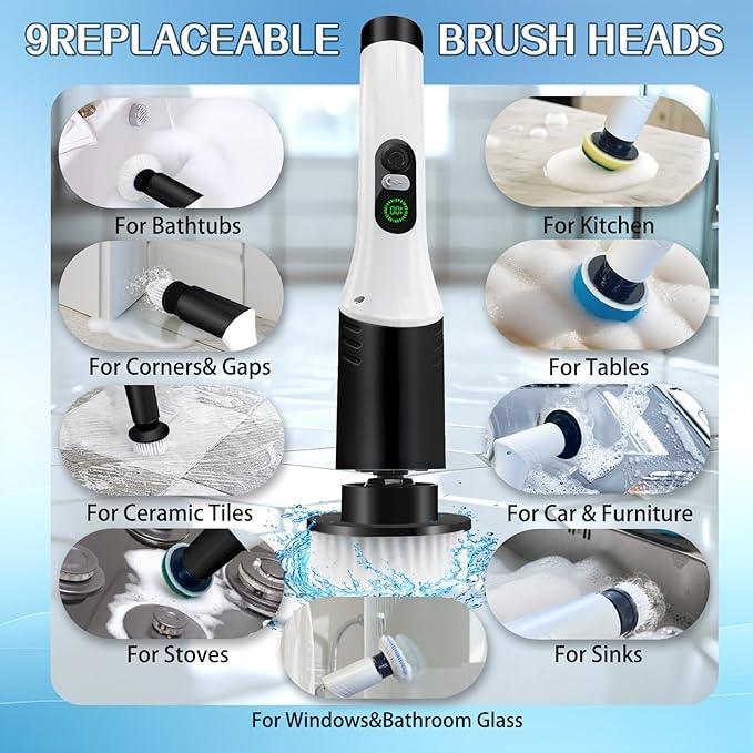 Spin Scrubber,9-In-1Multifunctional Cleaning Brush with Detachable Handle,9 Replaceable Brush Heads&LCD Display,Rechargeable Electric Spin Scrubber for Bedroom,Bathroom,Kitchen,Car - NeatNest