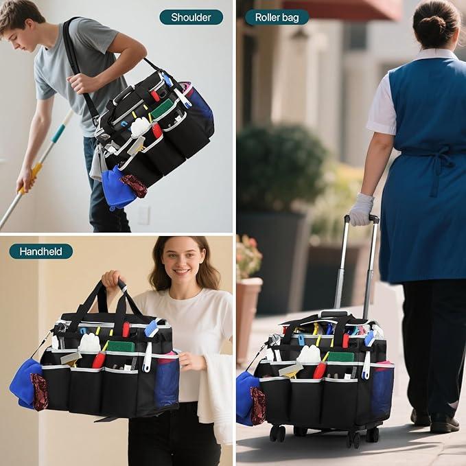Large Rolling Cleaning Caddy Bag with Detachable Trolley, Full Support Plates for Professional Cleaning Supplies Bag, Organizer Bag with 4 Universal Wheels for Housekeepers, Car Wash, Office, Picnic - NeatNest