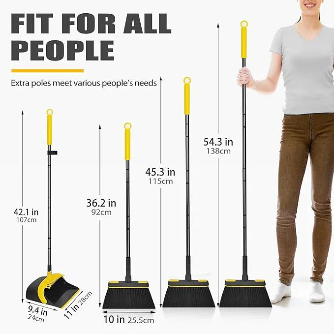 JEHONN Broom and Dust Pan, 54.3 inches Long Handle Swivel Brush, Upright Foldable Dustpan with Comb Teeth for Home Kitchen Lobby Indoor Floor Cleaning (Black & Yellow) - NeatNest