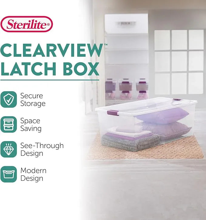 Sterilite 4-Pack 110 Quart ClearView Latch Box, Stackable Organizer Bins with Latching Lids - Clear Plastic Organization Containers for Closet, Bedroom, Shelving Units and Everyday Home Storage - NeatNest