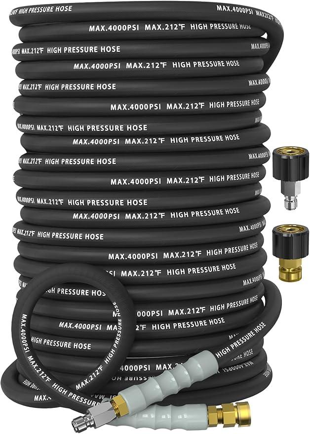 Pressure Washer Hose 200FT 4000 PSI, Kink Resistant Steel Braided Layer & NonMarking Rubber for Hot/Cold Water, High Power Washer Hose With 3/8 Inch Quick Connect & M22 Fitting, Black - NeatNest