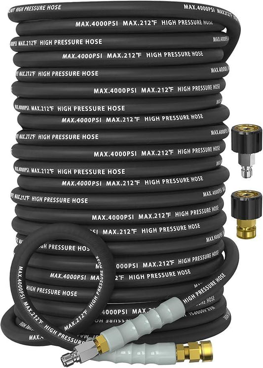 Pressure Washer Hose 200FT 4000 PSI, Kink Resistant Steel Braided Layer & NonMarking Rubber for Hot/Cold Water, High Power Washer Hose With 3/8 Inch Quick Connect & M22 Fitting, Black - NeatNest