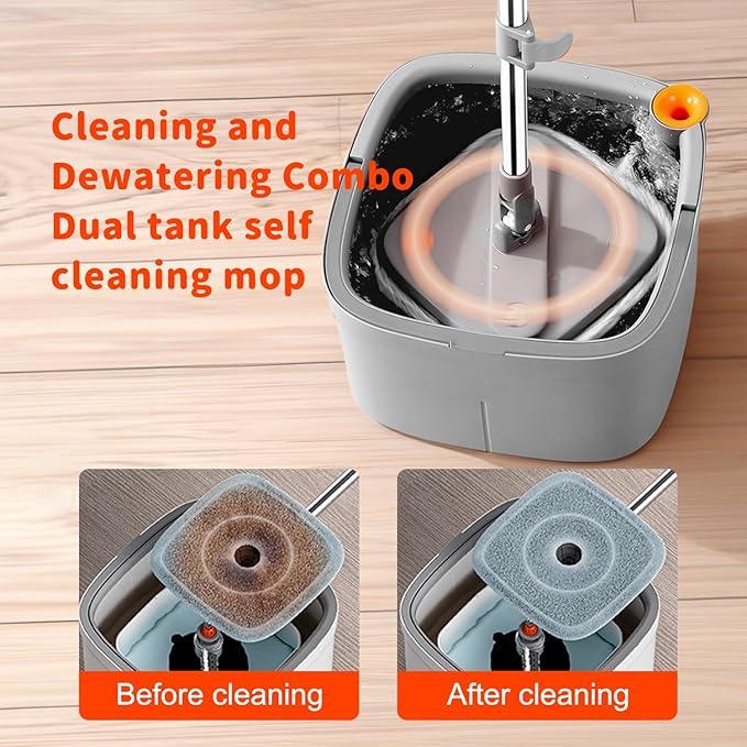Spin Mop and Bucket Set with Self Separation System 360° Spinning Self-Wringing, Square Clean Mop and Bucket with Wringer-with Replaceable Mop (Light Grey Mop and Bucket Set 14pads) - NeatNest
