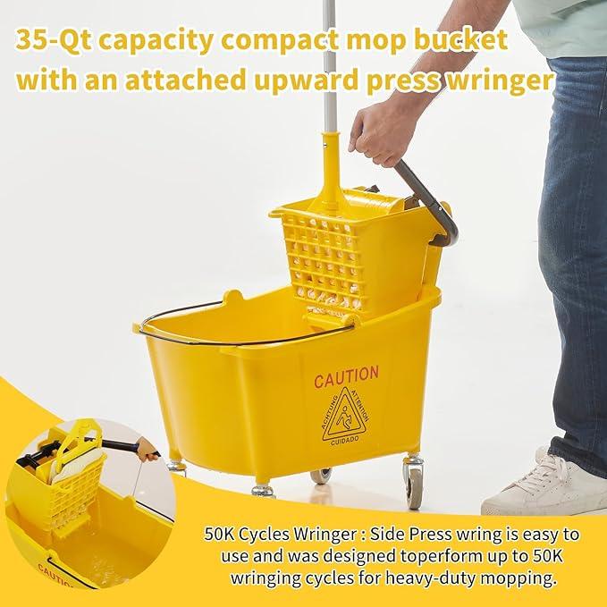 Side Press Wringer Combo Commercial Mop Bucket on Wheels, 35 Quart,Yellow, Including Wet Floor Caution Sign（24Inch） and One Industrail Mop - NeatNest
