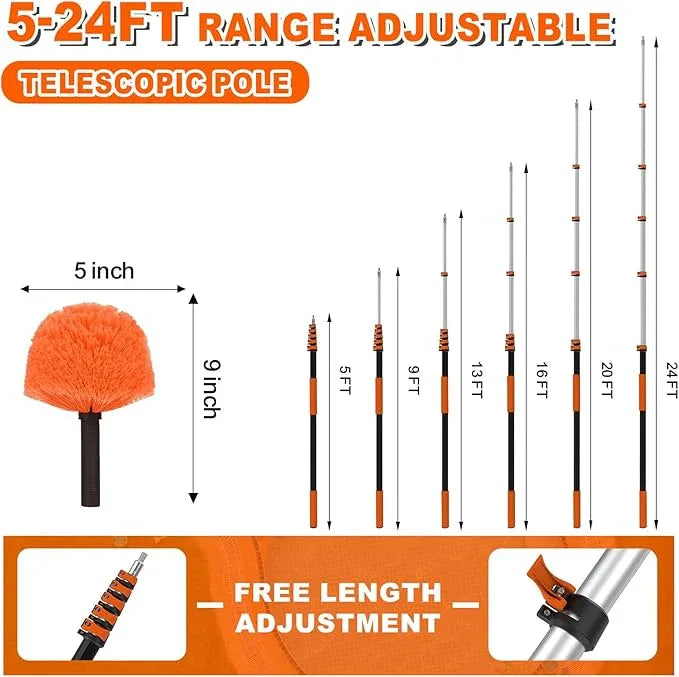 30FT Reach Cobweb Duster with Extension Pole, High Ceiling Long Duster with 5-24FT Telescoping Pole, Spider Web Brush for Indoor Outdoor Use - NeatNest