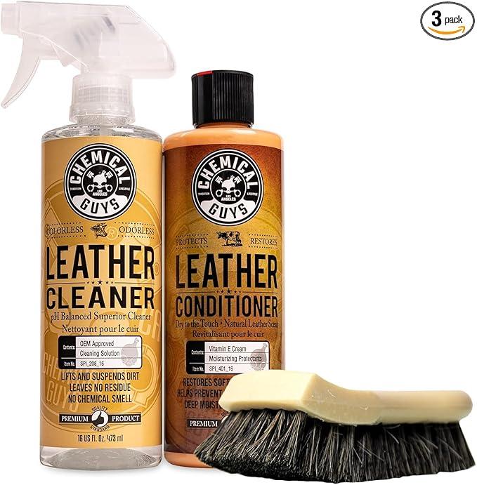 Chemical Guys SPI410 Leather Cleaner and Conditioner Bundle with ACC_S95 Long Bristle Horse Hair Leather Cleaning Brush, Safe for Car, Home, Office, & More (3 Item Bundle with 2-16 fl oz Bottles) - NeatNest