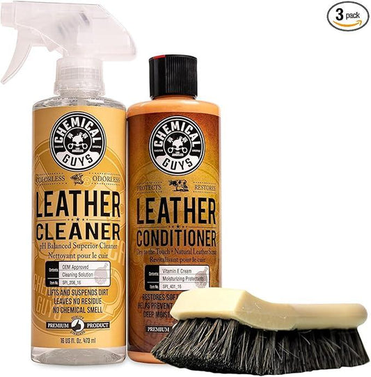 Chemical Guys SPI410 Leather Cleaner and Conditioner Bundle with ACC_S95 Long Bristle Horse Hair Leather Cleaning Brush, Safe for Car, Home, Office, & More (3 Item Bundle with 2-16 fl oz Bottles) - NeatNest