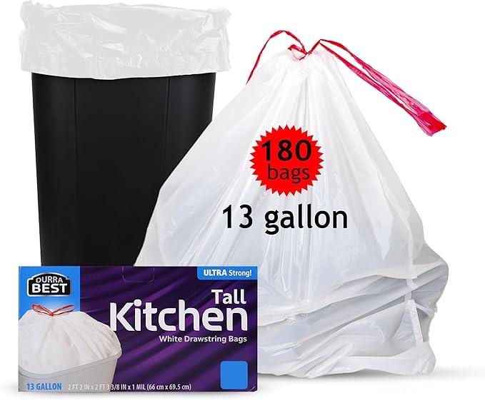 Heavy-Duty 1 Mil 13 Gallon White Trash Bags (180 Count) - Drawstring, Leak-Resistant for Home & Commercial Use - NeatNest