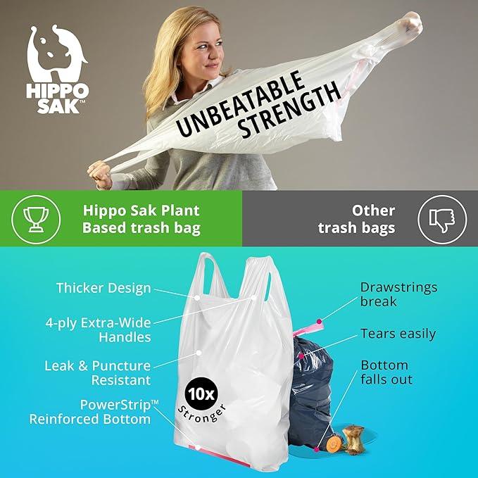 Hippo Sak - Plant Based Tall Kitchen Garbage Bags with Ergonomic Handles - 13 Gallon Trash Bags - Recyclable & Eco Friendly - Super Strong and Leak Proof Tall Kitchen Trash Bags (90 Count) - NeatNest