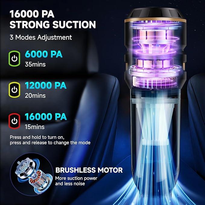 Handheld Vacuum Cordless, Car Vacuum Cleaner with Brushless Motor, Strong Suction Vacuum & Compressed Air Dusters with LED Light, Wireless Mini Portable Hand Vacuum Blower for Home, Pet (Black) - NeatNest