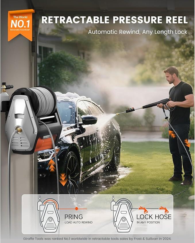Giraffe Tools Wall Mount Pressure Washer PRO with Max 3700PSI 1.6 GPM, Upgraded 1800W Brushless Motor, Electric Power Washer with 100ft Pressure Hose, 4-Nozzles, Foam Cannon, Automatic Rewind - NeatNest