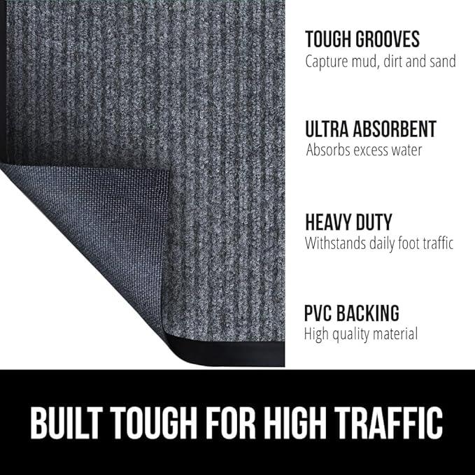 GORILLA GRIP Waterproof Traffic Guard Door Mat, 70x24, Heavy Duty Entryway Mats, Strong Rubber Back Commercial Rugs for Office Hallway, Garage Floor and Home, Low Profile Carpet Runner, Charcoal Gray - NeatNest