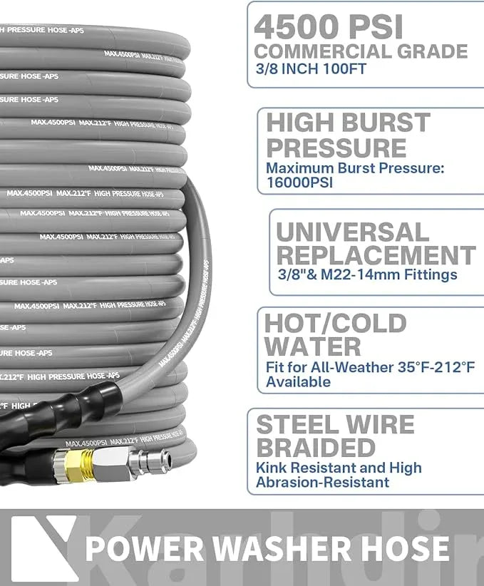 Pressure Washer Hose 100FT 3/8" for Cold and Hot Water 212°F, with Swivel Quick Connect, 4500PSI Kink Resistant Grade Steel Wire Braided, Power Washer Hose With 2pcs M22-14mm Adapter - NeatNest