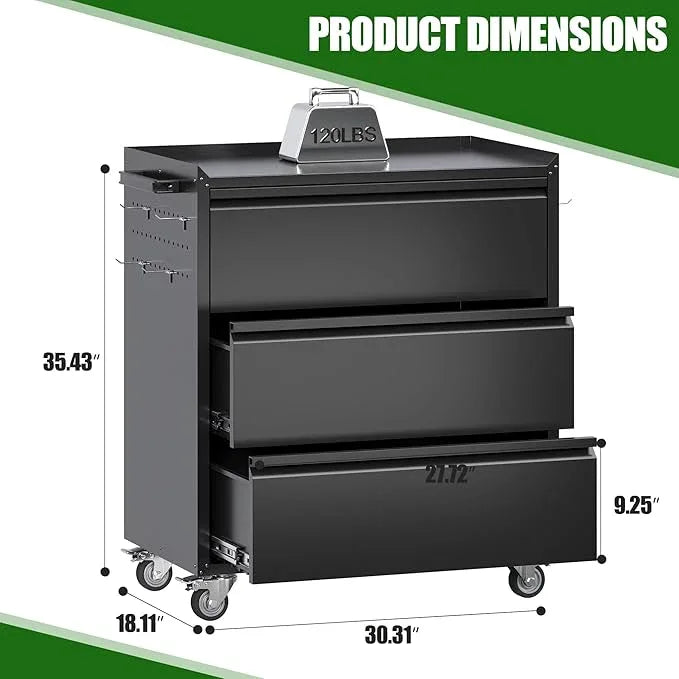 SUXXAN Metal Storage Cabinet with 3 Drawer and 4 Hooks,35.4" H Top Workbench Mobile Tool Chests Garage Cabinets with 4 Wheels,Tool Cabinets for Home,Office,Shop - NeatNest