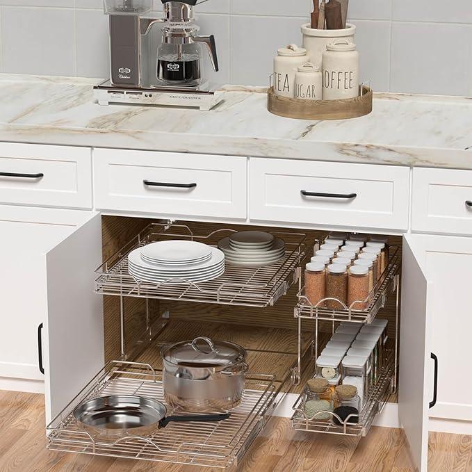 OCG 2 Tier Pull Out Cabinet Organizer (22.5" W x 21.5" D), Pull Out Drawers for Kitchen Cabinets, Pull Out Shelves for Base Cabinet Organization in Kitchen Bathroom Pantry, Chrome Finish - NeatNest