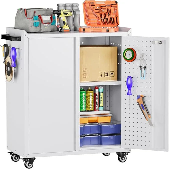 SUXXAN Metal Storage Cabinet with 2 Doors and 4 Hooks,34" H Top Workbench Mobile Tool Chests Garage Cabinets with 4 Wheels and Lock/Push Arm for Home,Office,Shop(White) - NeatNest