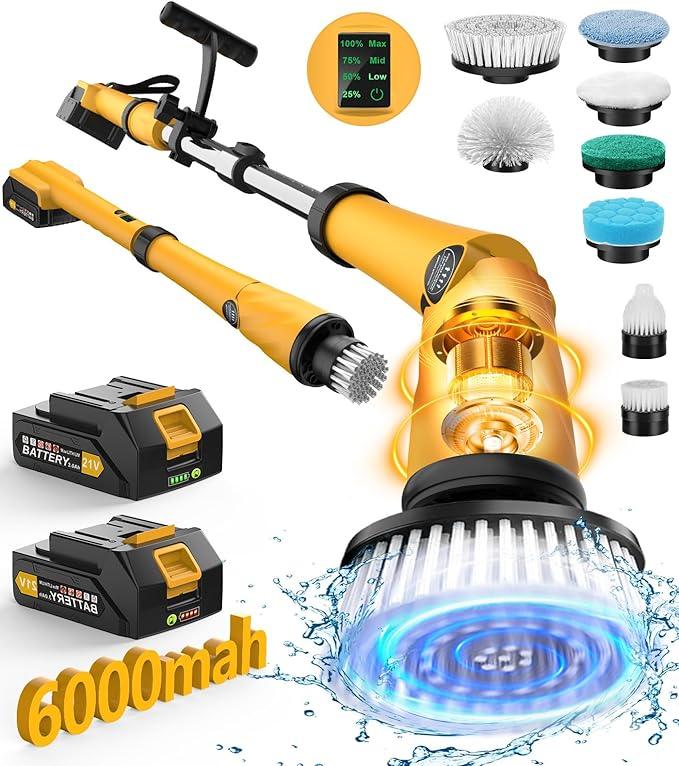 Qimedo Electric Spin Scrubber Extra Large Brush Q3,6000 mAh Best Battery Power Scrubber for Cleaning,1200RPM Shower Cordless Cleaning Brush with 8 Brushes for Bath/Tub/Tile/Floor (Smart Display) - NeatNest