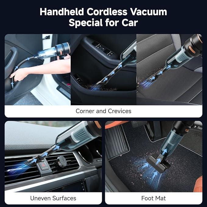 Handheld Vacuum Cordless, Car Vacuum Cleaner with Brushless Motor, Strong Suction Vacuum & Compressed Air Dusters with LED Light, Wireless Mini Portable Hand Vacuum Blower for Home, Pet (Black) - NeatNest