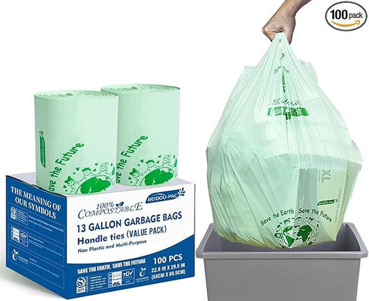 Compostable 13 Gallon Trash Bags, Tall Kitchen Garbage Bags with Handle, Sturdy Biodegradable Compost Bags, 100 Count, US BPI Certified - NeatNest