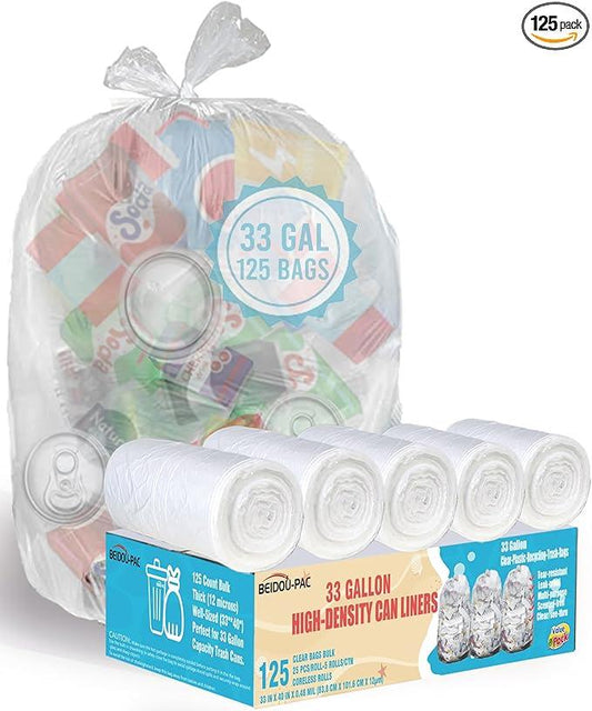 33 Gallon Trash Bags, 125 Count Bulk, Heavy Duty Clear Plastic Recycling Bags, Multi-purpose Garbage Bags for Home Commercial, Outdoor, Construction, Industrial, Lawn, Leaf - NeatNest