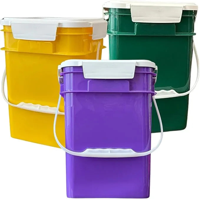 House Naturals 4 Gallon Square Food Grade Bucket Pail with Plastic Handles and Lid (Pack of 3) Made in USA containers (Yellow/Purple/Dark Green) - NeatNest