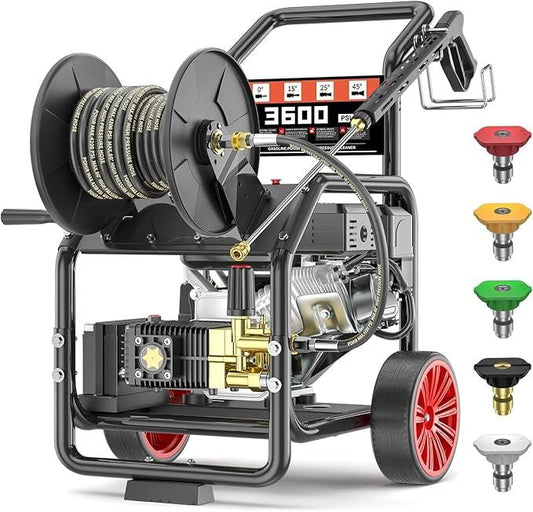 3600 PSI Gas Pressure Washer, One-Button Start 212cc 7HP Engine 3.3GPM, Includes Hose Reel，50 FT 3/8 inch Hose，5 Quick Connect Nozzles，Spray Gun and Wand - NeatNest
