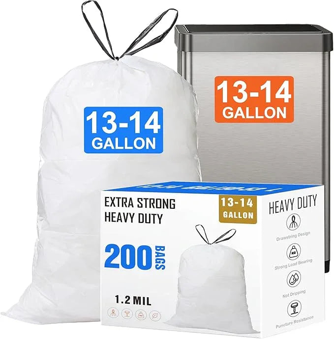 13-14 Gallon Drawstring Trash Bags (200 Count) 1.2 Mil Heavy Duty Garbage Bags Fit for 13-14 Gallon Trash Can Tear & Leak Resistant for Home Office Kitchen Bathroom Bedroom - NeatNest