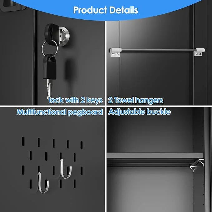 SUXXAN Broom Closet Storage Cabinet, 61.6" x 11.7" x 27.5" Metal Cleaning Cabinets with Hooks and Hanging Rods, Lockable Cabinet with Pegboard, Adjustable Shelf,for Garage, Laundry Room - NeatNest