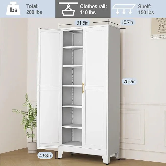 White Metal Storage Cabinet,75" Steel Cabinets for Home Office, Kitchen Pantry Storage Cabinet with Doors and 5 Adjustable Shelves, Tool Cabinets, for Office, Home, Garage, School - NeatNest