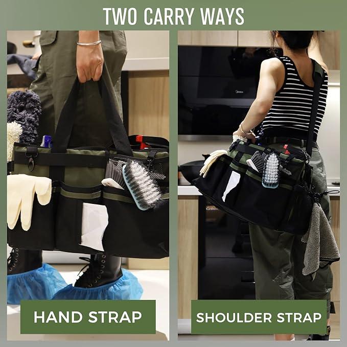 Wearable Cleaning Caddy Organizer with Handle & Shoulder Straps for Housekeepers, Under Sink & Car Cleaning Tool Organizer Bag with 4 Foldable Dividers (Green) - NeatNest