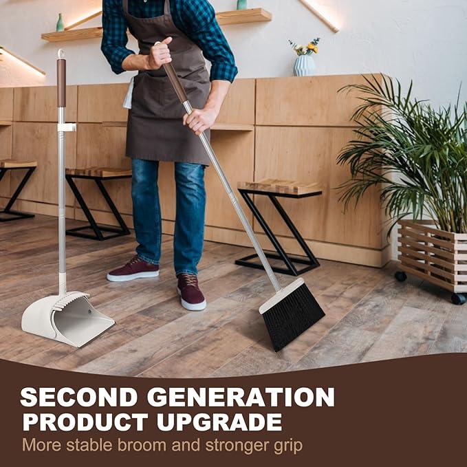 54" Long Handled Broom and Dustpan Set - Perfect Dust Pan and Brush Combo for Efficient Cleaning, Brown and White - NeatNest