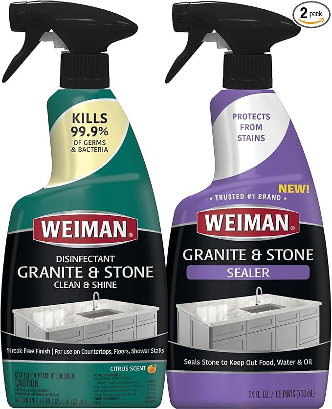 Weiman Disinfecting Granite & Stone Daily Cleaner and Sealer Kit - For Granite, Marble, Quartz, Quartzite, Slate - 24 oz Daily Kitchen Countertop Cleaner, 24 oz Granite & Stone Sealer - NeatNest