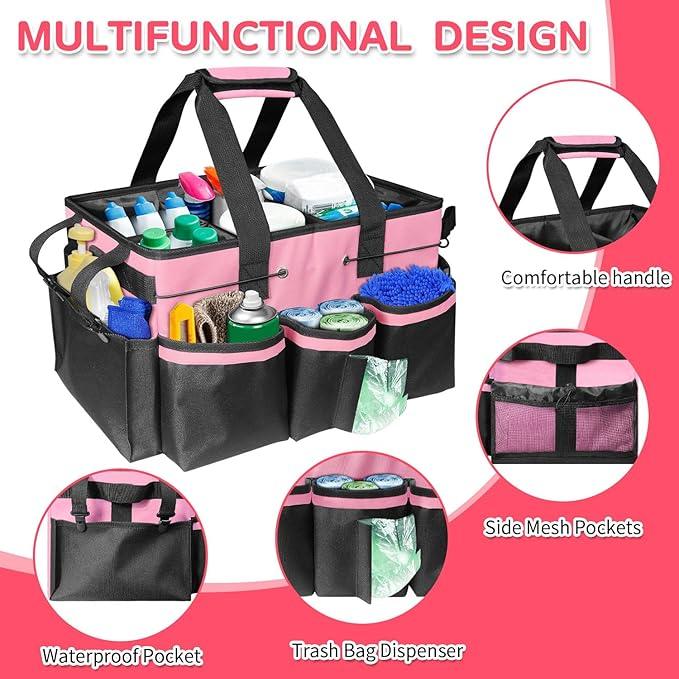 Boczif Cleaning Caddy Bag Wearable, Cleaning Caddy Supplies Organizer with Handle, Shoulder Straps & Detachable Divide, Cleaning Tool Organizers Tote Bag for Cleaners & Housekeepers(Pink) - NeatNest