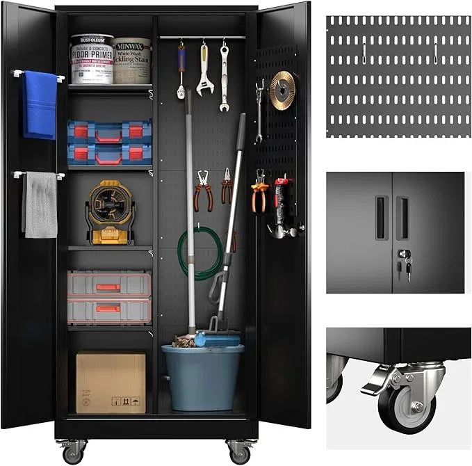 SUXXAN Broom Closet Storage Cabinet with13 Hooks and Hanging Rods, 71" Heavy Duty Cleaning Cabinet for Garage, Laundry Room - NeatNest