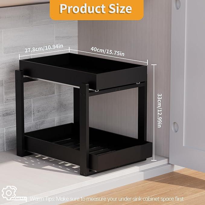 Bamboo Wood Under Sink Organizer 1 Pack, Pull Out Cabinet Organizer 2 Tier Under Sink Organizers and Storage with Sliding Drawer Sturdy Easy Assembly for Kitchen Bathroom Undersink (Black, 1 Pack) - NeatNest