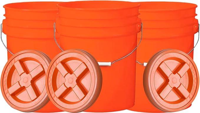House Naturals 5 Gallon Orange Food Grade Plastic Bucket with Screw on Gamma lid, BPA Free, Made in USA (Pack of 3) - NeatNest
