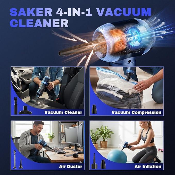 Saker Car Vacuum Portable Cordless 20000Pa Suction Power 4 in 1 Handheld Vacuum with LED Light Type-C Portable Mini Vacuums for Car, Home, Office, Pet HL157 Blue - NeatNest