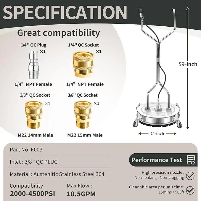 24" Pressure Washer Surface Cleaner with 4 Wheels - Stainless Steel Dual Handle Surface Cleaner for Pressure Washer Attachment for Concrete, Patio, Sidewalk, Deck and Driveways - PWS 24 - NeatNest