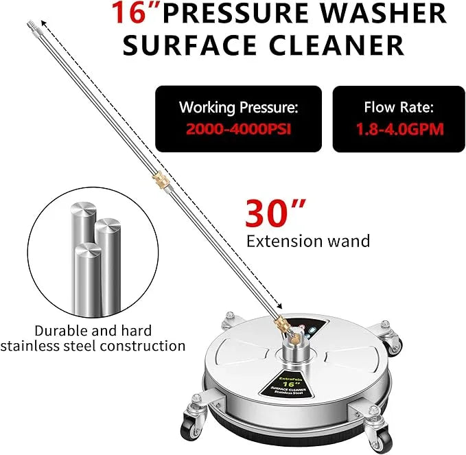 16" Pressure Washer Surface Cleaner Pro with 4 Wheels, Stainless Steel 2 Extension Wands, Power Washer Surface Cleaner Hot Water Supported for Patio Decker Concrete Driveway, 3000 PSI - NeatNest
