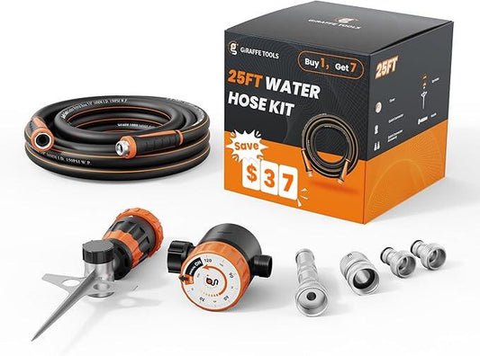 Giraffe Tools Garden Hose 25ft x 5/8", Water Hose Heavy Duty, Flexible with Water Timer Nozzle and Yard Sprinkler, Lightweight Hybrid Hose with Swivel Handle, Male to Female Fittings, Burst 600 PSI - NeatNest