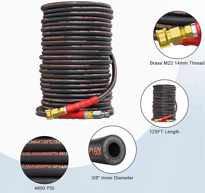 Pressure Washer Hose 125FT, 4800PSI High Tensile Wire Braid Kink Resistant Power Washer Extension Hose, 3/8" Flexible Replacement Hose with 3/8 Quick Connect - NeatNest