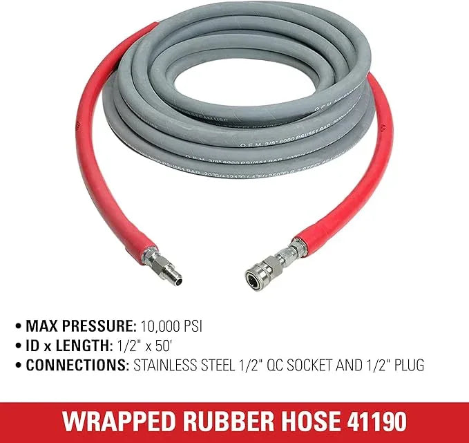 Simpson Cleaning 41190 Wrapped Rubber 10,000 PSI Pressure Washer Hose, Hot and Cold-Water Use, Industrial Strength, 1/2 Inch Inner Diameter, 50 Feet, Gray - NeatNest