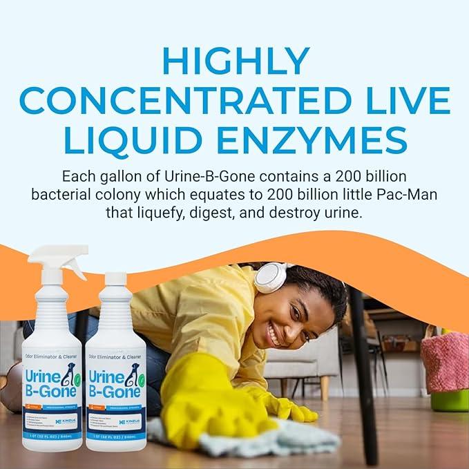 KINZUA ENVIRONMENTAL Urine B-Gone, Professional Enzyme Odor Eliminator & Pet Stain Remover, Human, Cat & Dog Urine Cleaner, Effective on Laundry, Carpets & More, Citrus Scent, 32oz, Pack of Two - NeatNest