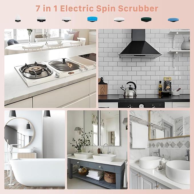 Electric Spin Scrubber, Hillyfe Bathroom Scrubber Electric with 7 Replaceable Brush Heads, IPX7 Waterproof,300/400 RPM, 3 Adjustable Length,Scrubber Brush Electric for Bathtub Floor,Pink - NeatNest