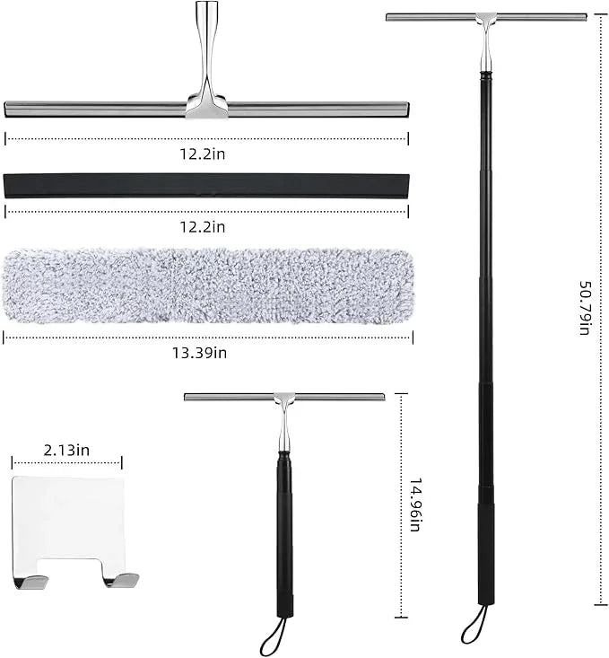 Window Squeegee for Home, 2 in 1 Window Washing kit with Extension Pole Long Handle Squeegee for Shower Glass Floor Tile Wall Car Windshield, 12 inch Wide, Black - NeatNest