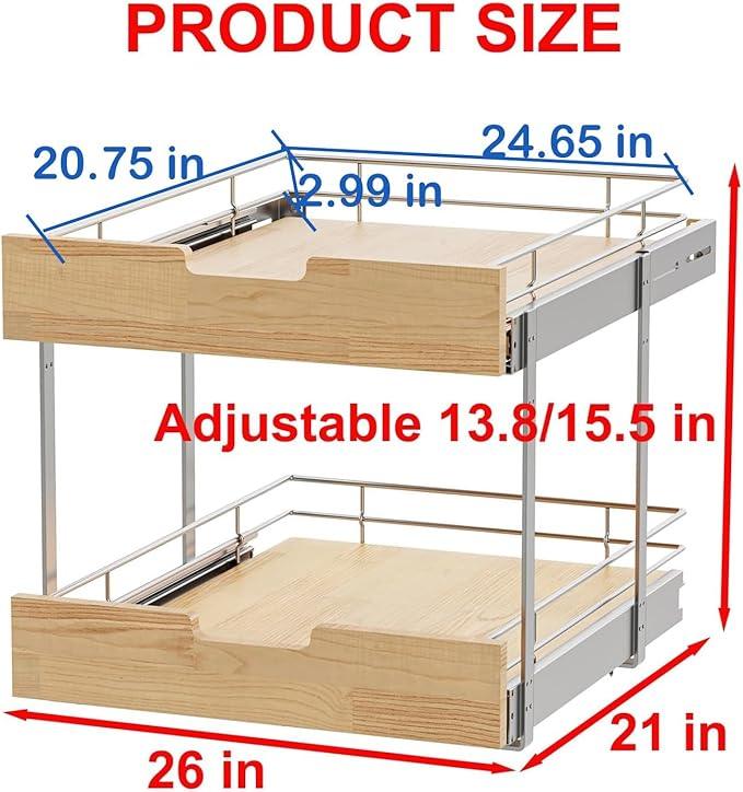 Pull Out Cabinet Organizer,Heavy-Duty Slide Out Shelf, Wood and Wire Basket, Pull Out Drawer for for Kitchen Under Sink Space, Pantry, Bathroom, 2 Tie 26 * 21 in - NeatNest