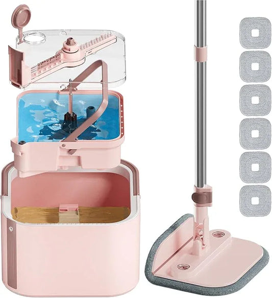 Upgraded Self-Standing Spin Mop and Bucket System, Detachable Inner Mop Bucket Separates Dirty Water & 90° Foldable Head, Triple-Scrub System, 0.9Gal Dual Drainage, for Hardwood Floors (Pink 6 Pads) - NeatNest