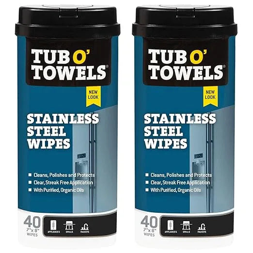 Tub O Towels Stainless Steel Appliance Cleaning Wipes - Clean, Polish, and Protect, 40-7” x 8” Wipes Per Tub, 2-Pack, White - NeatNest