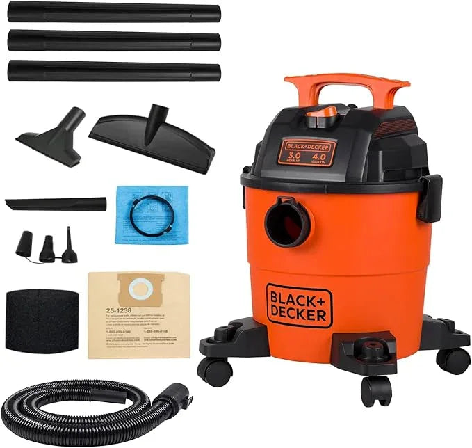BLACK+DECKER Shop Vacuum Wet and Dry, 4 Gallon 3-in-1 Portable Shop Vac with Accessories, Workshop, Garage, Home and Car Vacuum Cleaner, 3 HP(BDXV18301P-4A) - NeatNest