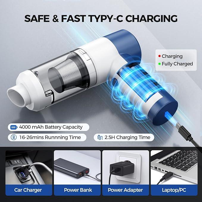 Car Vacuum Cleaner Cordless, 4 in 1 Portable Vacuum Cleaner 16000PA High Power Air Duster & Air Blower & Pump, Rechargeable Handheld Vacuum with Brushless Motor, Multi-Nozzles for Car, Home, Office - NeatNest